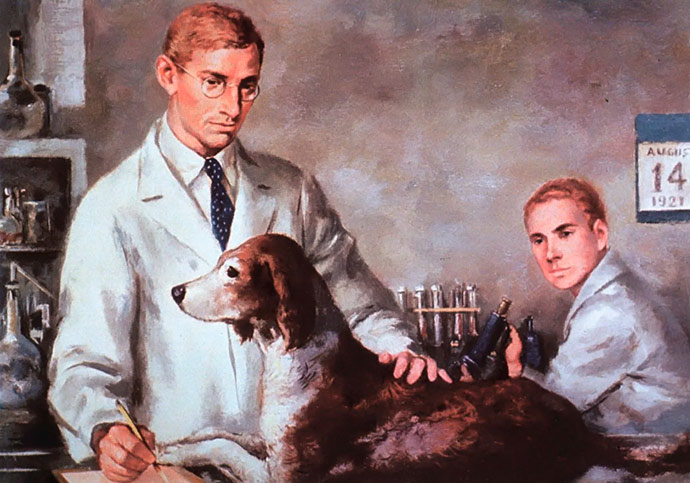 Una ilustración de los científicos canadienses Frederick G. Banting y Charles H. Best en el laboratorio, probando insulina en un perro diabético, 14 de agosto de 1.921.
