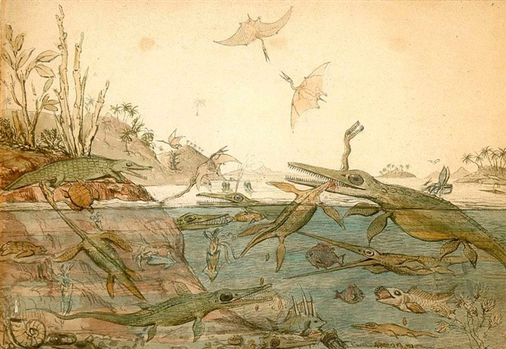 Henry De la Beche, pintó Duria Antiquior, la primera representación pictórica ampliamente difundida de una escena de la vida prehistórica basándose en gran medida en los fósiles que Anning.